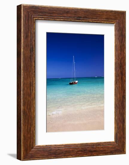 USA, Hawaii, Oahu, Sail Boat at Anchor in Blue Water with Swimmer-Terry Eggers-Framed Photographic Print