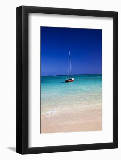 USA, Hawaii, Oahu, Sail Boat at Anchor in Blue Water with Swimmer-Terry Eggers-Framed Photographic Print