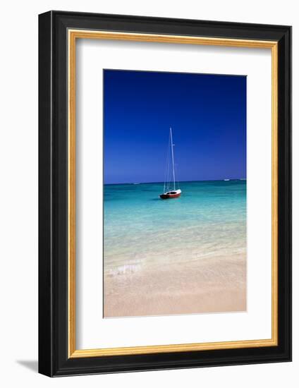 USA, Hawaii, Oahu, Sail Boat at Anchor in Blue Water with Swimmer-Terry Eggers-Framed Photographic Print