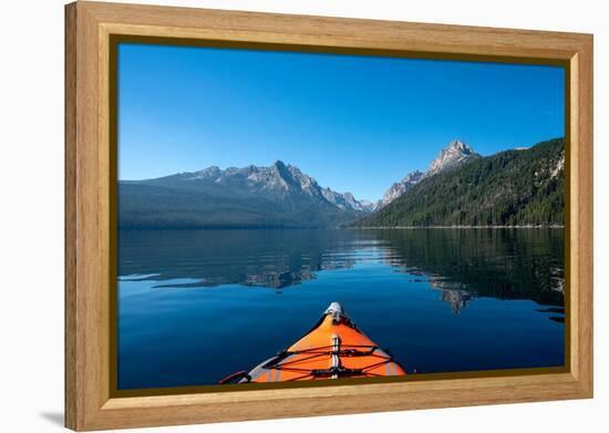 USA, Idaho, Redfish Lake. Kayak facing Sawtooth Mountains.-Janell Davidson-Framed Premier Image Canvas