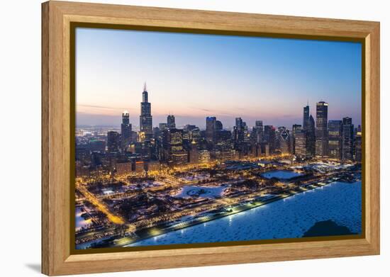 Usa, Illinois, Chicago. Aerial Dusk View of the City and Millennium Park in Winter.-Nick Ledger-Framed Premier Image Canvas