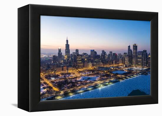 Usa, Illinois, Chicago. Aerial Dusk View of the City and Millennium Park in Winter.-Nick Ledger-Framed Premier Image Canvas