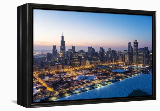 Usa, Illinois, Chicago. Aerial Dusk View of the City and Millennium Park in Winter.-Nick Ledger-Framed Premier Image Canvas