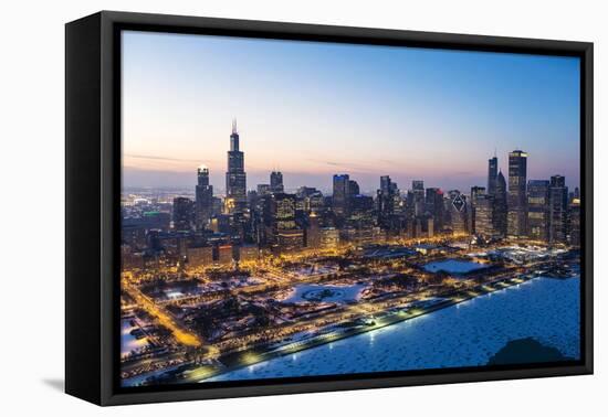 Usa, Illinois, Chicago. Aerial Dusk View of the City and Millennium Park in Winter.-Nick Ledger-Framed Premier Image Canvas