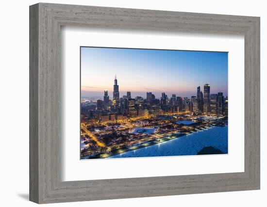 Usa, Illinois, Chicago. Aerial Dusk View of the City and Millennium Park in Winter.-Nick Ledger-Framed Photographic Print