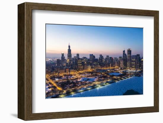 Usa, Illinois, Chicago. Aerial Dusk View of the City and Millennium Park in Winter.-Nick Ledger-Framed Photographic Print