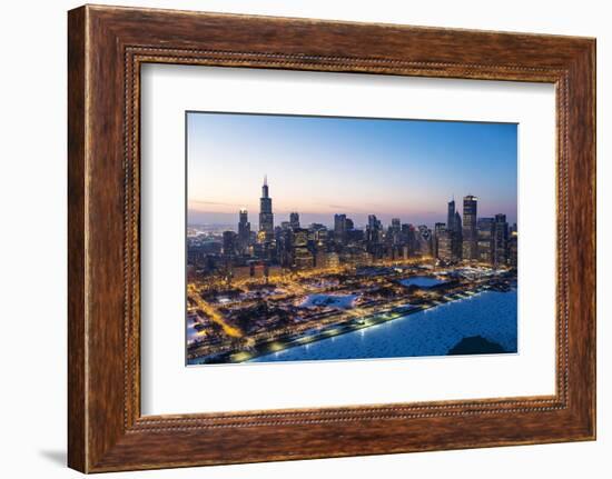 Usa, Illinois, Chicago. Aerial Dusk View of the City and Millennium Park in Winter.-Nick Ledger-Framed Photographic Print