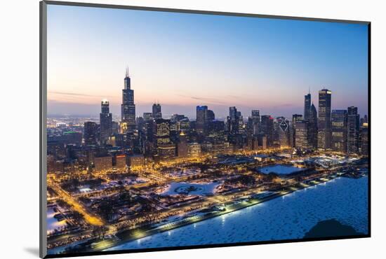 Usa, Illinois, Chicago. Aerial Dusk View of the City and Millennium Park in Winter.-Nick Ledger-Mounted Photographic Print