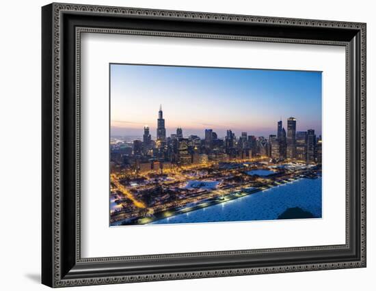 Usa, Illinois, Chicago. Aerial Dusk View of the City and Millennium Park in Winter.-Nick Ledger-Framed Photographic Print