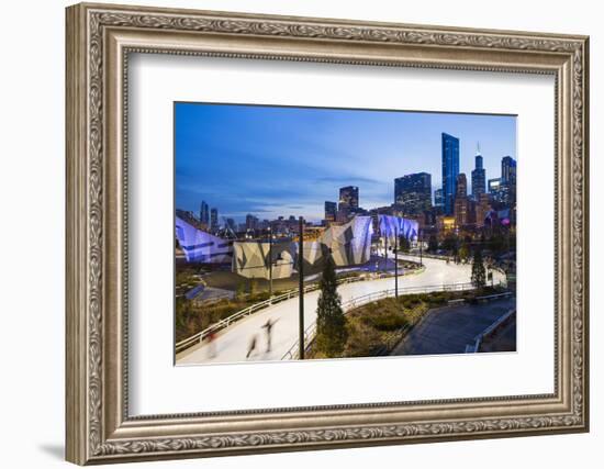 USA, Illinois, Chicago. The Maggie Daley Park Ice Skating Ribbon on a cold Winter's evening.-Nick Ledger-Framed Photographic Print