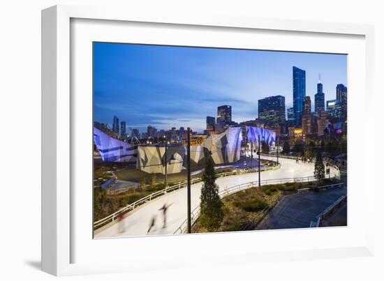 USA, Illinois, Chicago. The Maggie Daley Park Ice Skating Ribbon on a cold Winter's evening.-Nick Ledger-Framed Photographic Print