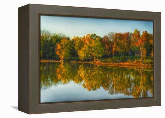 USA, Indiana, Autumn Trees Reflected in Wabash River-Rona Schwarz-Framed Premier Image Canvas