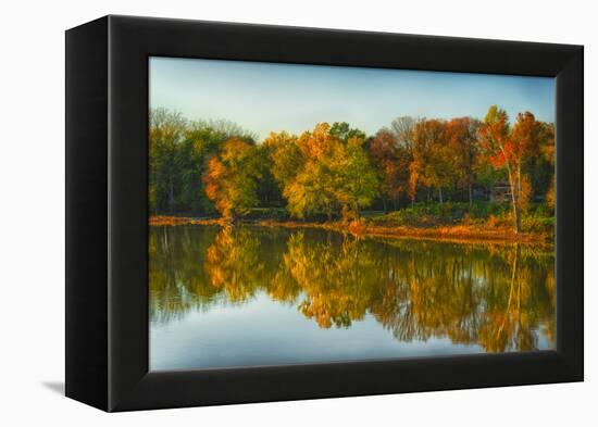 USA, Indiana, Autumn Trees Reflected in Wabash River-Rona Schwarz-Framed Premier Image Canvas