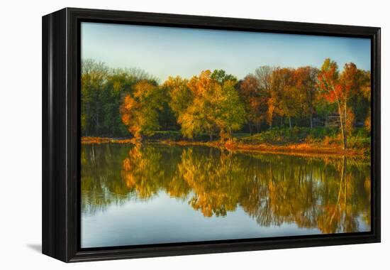 USA, Indiana, Autumn Trees Reflected in Wabash River-Rona Schwarz-Framed Premier Image Canvas