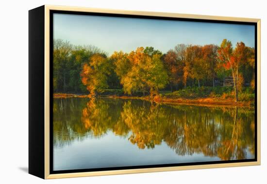 USA, Indiana, Autumn Trees Reflected in Wabash River-Rona Schwarz-Framed Premier Image Canvas