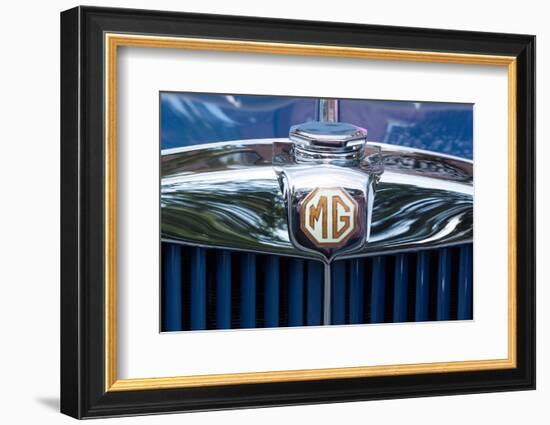 USA, Indiana, Carmel. Chrome emblem and grill on the front of a classic MG.-Jaynes Gallery-Framed Photographic Print