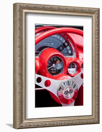 USA, Indiana, Carmel. Red steering wheel and dashboard in a classic Chevy Corvette.-Jaynes Gallery-Framed Photographic Print