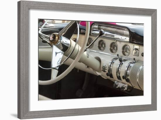 USA, Indiana, Carmel. Steering wheel and dashboard in a classic car.-Wendy Kaveney-Framed Photographic Print