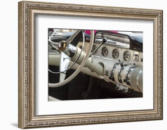 USA, Indiana, Carmel. Steering wheel and dashboard in a classic car.-Wendy Kaveney-Framed Photographic Print