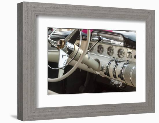 USA, Indiana, Carmel. Steering wheel and dashboard in a classic car.-Wendy Kaveney-Framed Photographic Print