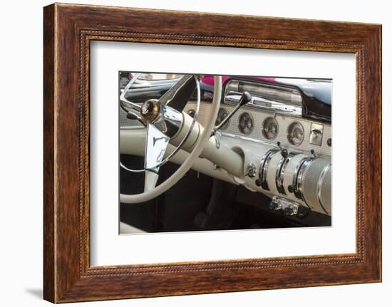 USA, Indiana, Carmel. Steering wheel and dashboard in a classic car.-Wendy Kaveney-Framed Photographic Print