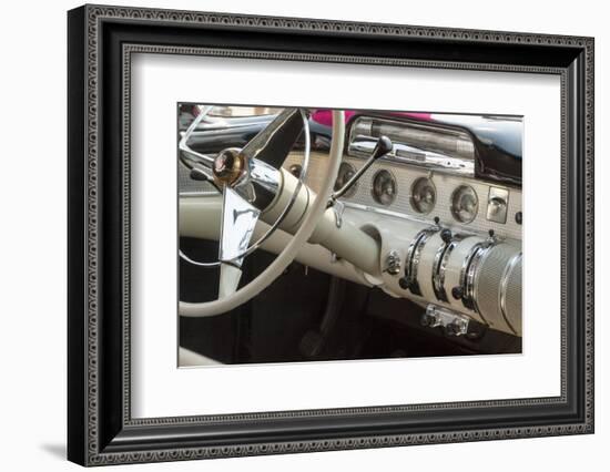 USA, Indiana, Carmel. Steering wheel and dashboard in a classic car.-Wendy Kaveney-Framed Photographic Print