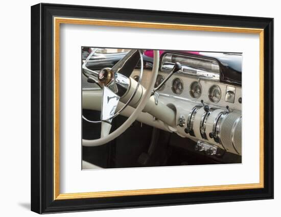 USA, Indiana, Carmel. Steering wheel and dashboard in a classic car.-Wendy Kaveney-Framed Photographic Print