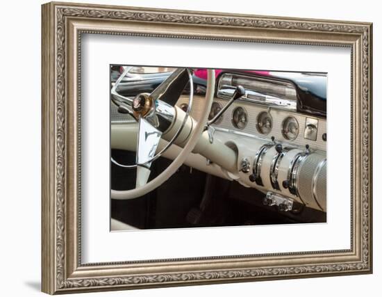 USA, Indiana, Carmel. White and chrome steering wheel and dashboard in a classic automobile.-Jaynes Gallery-Framed Photographic Print