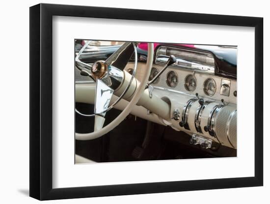 USA, Indiana, Carmel. White and chrome steering wheel and dashboard in a classic automobile.-Jaynes Gallery-Framed Photographic Print