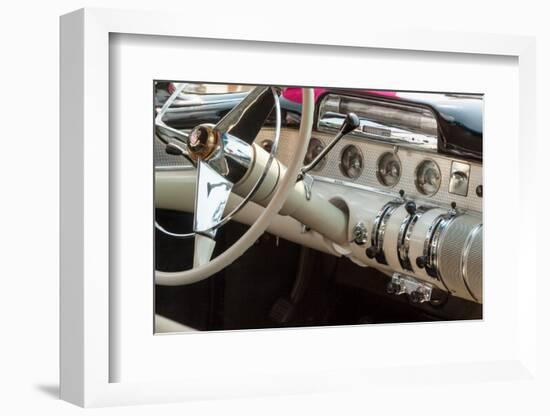 USA, Indiana, Carmel. White and chrome steering wheel and dashboard in a classic automobile.-Jaynes Gallery-Framed Photographic Print