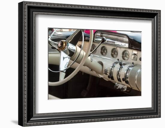 USA, Indiana, Carmel. White and chrome steering wheel and dashboard in a classic automobile.-Jaynes Gallery-Framed Photographic Print