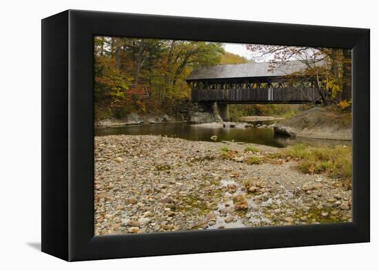 USA, Maine, Bethel. Newry Covered Bridge over River in Autumn-Bill Bachmann-Framed Premier Image Canvas