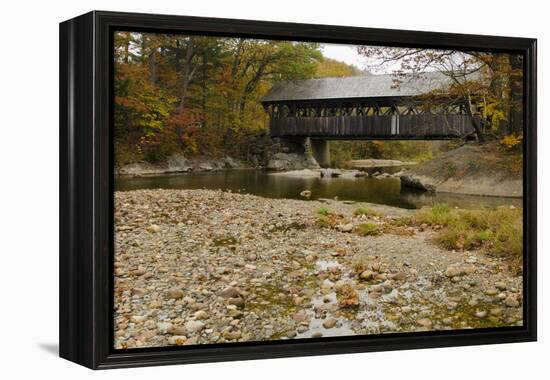 USA, Maine, Bethel. Newry Covered Bridge over River in Autumn-Bill Bachmann-Framed Premier Image Canvas