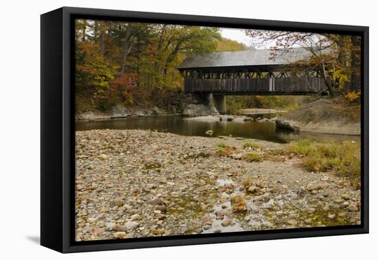 USA, Maine, Bethel. Newry Covered Bridge over River in Autumn-Bill Bachmann-Framed Premier Image Canvas