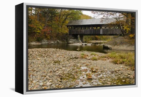 USA, Maine, Bethel. Newry Covered Bridge over River in Autumn-Bill Bachmann-Framed Premier Image Canvas