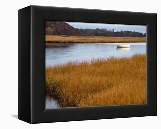 USA, Maine. Boat Anchored in Mousam River-Steve Terrill-Framed Premier Image Canvas