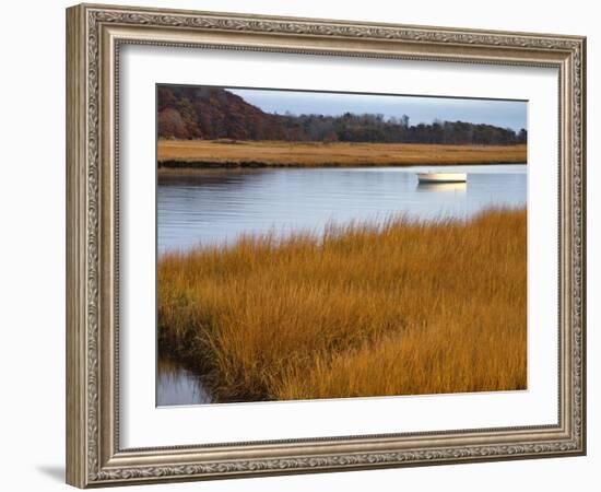 USA, Maine. Boat Anchored in Mousam River-Steve Terrill-Framed Photographic Print