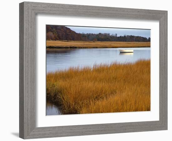 USA, Maine. Boat Anchored in Mousam River-Steve Terrill-Framed Photographic Print