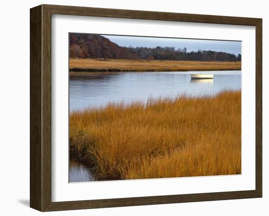 USA, Maine. Boat Anchored in Mousam River-Steve Terrill-Framed Photographic Print