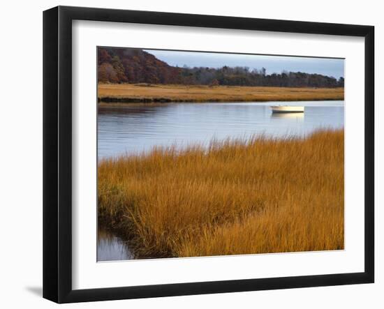 USA, Maine. Boat Anchored in Mousam River-Steve Terrill-Framed Photographic Print