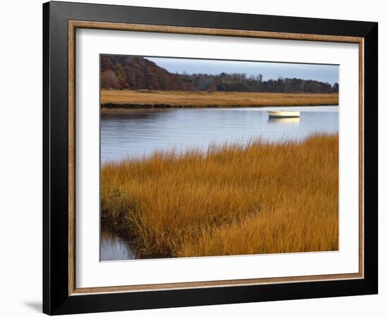 USA, Maine. Boat Anchored in Mousam River-Steve Terrill-Framed Photographic Print