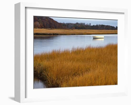 USA, Maine. Boat Anchored in Mousam River-Steve Terrill-Framed Photographic Print