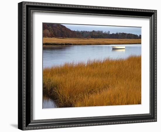 USA, Maine. Boat Anchored in Mousam River-Steve Terrill-Framed Photographic Print