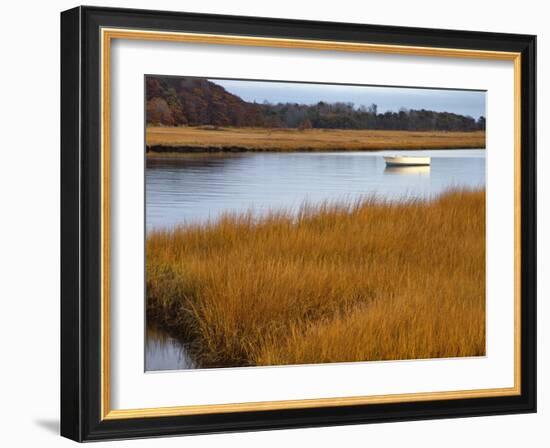 USA, Maine. Boat Anchored in Mousam River-Steve Terrill-Framed Photographic Print