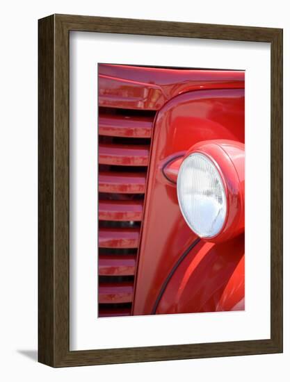 USA, Maine, Owl's Head. Headlight and partial grill of a red antique truck.-Jaynes Gallery-Framed Photographic Print