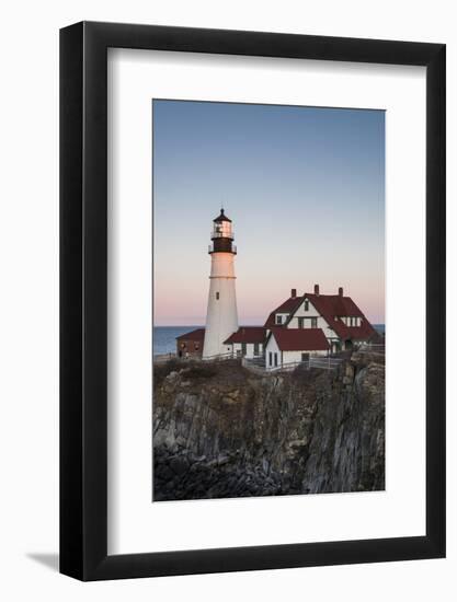 USA, Maine, Portland, Cape Elizabeth, Portland Head Light, lighthouse at dusk-Walter Bibikow-Framed Photographic Print