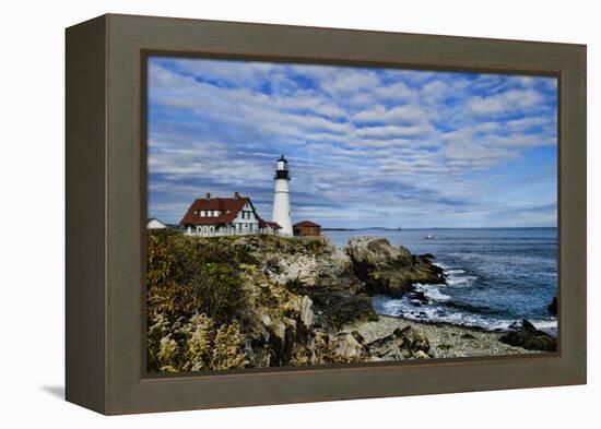 USA, Maine, Portland. Portland Headlight Lighthouse on Rocky Shore-Bill Bachmann-Framed Premier Image Canvas