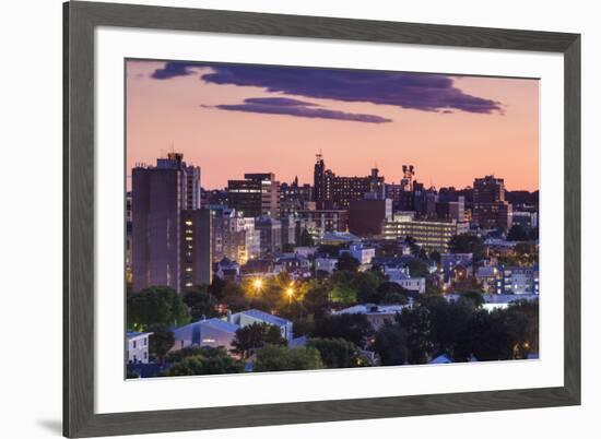 USA, Maine, Portland, skyline from Munjoy Hill at dusk-Walter Bibikow-Framed Premium Photographic Print