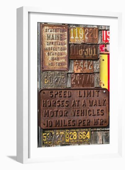 USA, Maine, Wells, antique license plates-Walter Bibikow-Framed Premium Photographic Print