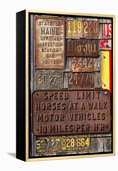 USA, Maine, Wells, antique license plates-Walter Bibikow-Framed Premier Image Canvas